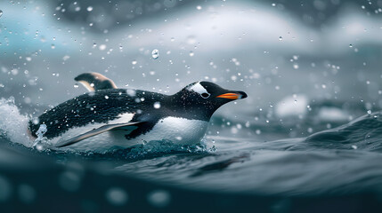 A lone penguin on a melting ice floe. Climate change concept. AI generated, human enhanced - Powered by Adobe