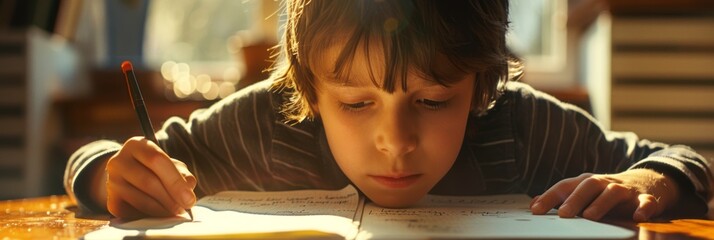 Children schoolchildren write homework in a notebook, studying at school, school years