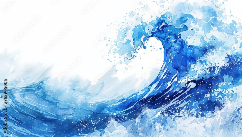 Wall mural A painting depicting a blue wave crashing on a white background, capturing the dynamic and fluid motion of the ocean