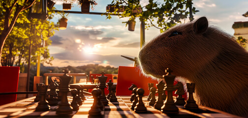 Popularization of the game of chess, poster with a portrait of a capybara at a table with chess in a city park, beautiful at sunset, copy space