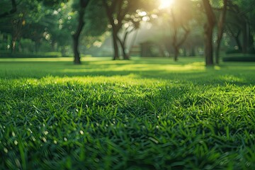 Beautiful morning light in public park with green grass field