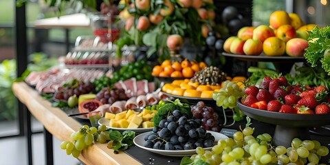 Indoor wedding buffet with colorful fruits vegetables and meat in a luxury restaurant setting. Concept Wedding Reception, Colorful Buffet, Luxury Restaurant, Fruits & Vegetables, Meat Selection - obrazy, fototapety, plakaty