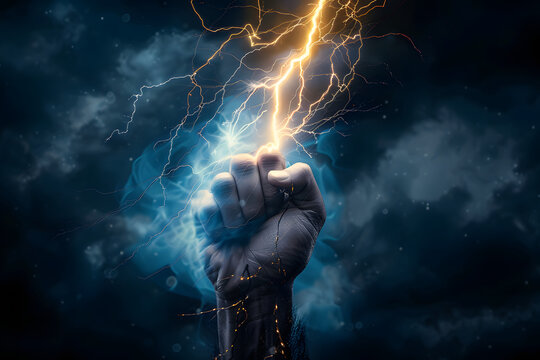 Hand holding up a lightning bolt. Energy and power. Stormy background. Blue glow. Zeus, thor.