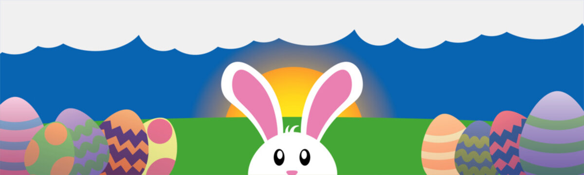 Cute Cartoon Easter Bunny In Front Of Hill Sunset With Pastel Easter Eggs. Pink, Blue, Purple, Green, Yellow, Orange. Puffy White Clouds. Big Rabbit Ears