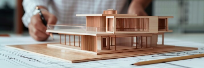 Architect's hand sketching and crafting a modern house model on blueprints, using a pencil and wooden sticks. Building plans lay out, bringing architectural designs to life in 2D and 3D models.