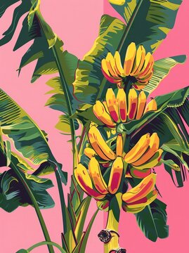 A painting featuring a cluster of bananas placed on a vibrant pink backdrop