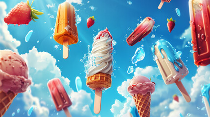 Ice cream flavors and popsicles - summer - obrazy, fototapety, plakaty