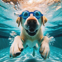 View of funny and cute dog swimming underwater
