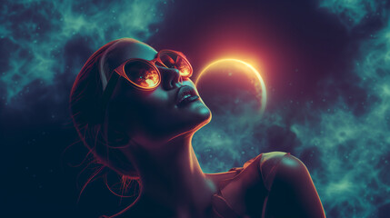Woman is looking on solar eclipse - modern illustration