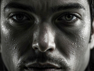 Obraz premium man in a close-up shot, deeply engrossed in thought or observation, his gaze intense and captivating.