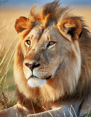 Joli portrait en gros plan d'un lion dans la nature, arrière plan flouté, lumière dorée