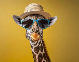 Gardinen a silly giraffe with sunglasses and a hat, ready for the summer, on a monochrome yellow background © Pasqualino