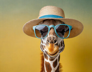 a silly giraffe with sunglasses and a hat, ready for the summer, on a monochrome yellow background - obrazy, fototapety, plakaty