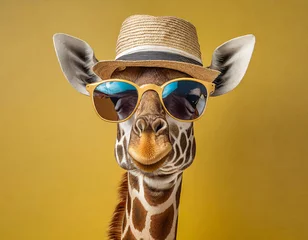 Gordijnen a silly giraffe with sunglasses and a hat, ready for the summer, on a monochrome yellow background © Pasqualino