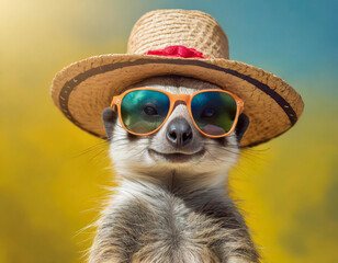 A silly suricate with sunglasses and a hat, ready for the summer, on a yellow background2 - obrazy, fototapety, plakaty