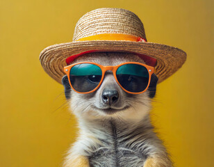 A silly suricate with sunglasses and a hat, ready for the summer, on a yellow background2 - obrazy, fototapety, plakaty