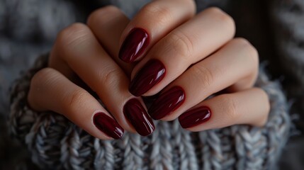 Woman's hands with burgundy nail polish on cozy knit sweater.