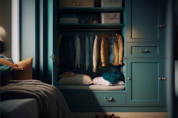 A neatly arranged teal wardrobe with a selection of clothes and bags, viewed from a cozy bedroom setting