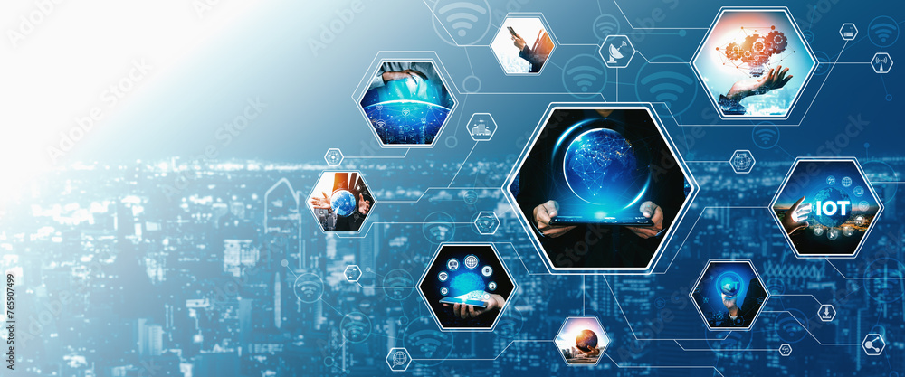 Poster communication technology , smart connection iot and people network technology concept. people using 
