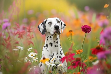 A proud Dalmatian standing alert amidst a field of vibrant wildflowers, its spots adding a playful contrast to the colorful blooms, - obrazy, fototapety, plakaty