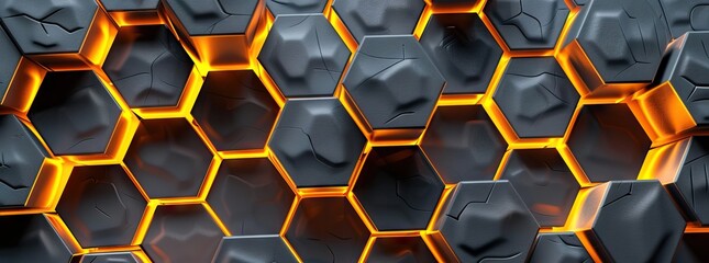 Abstract black hexagon pattern on neon gradient orange background technology style. Honeycomb. AI generated illustration