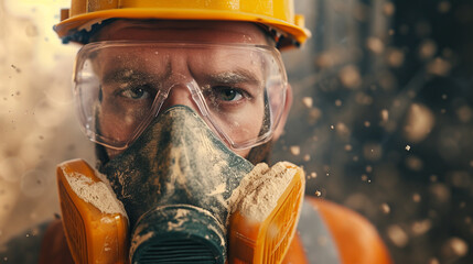 professional construction worker wearing a high-grade dust mask surrounded by floating glass wool and dust particles
