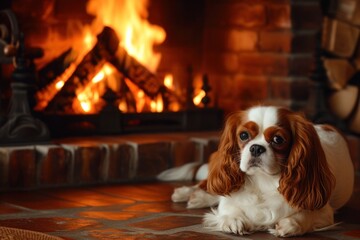 A regal Cavalier King Charles Spaniel sitting attentively beside a roaring fireplace, its soulful eyes reflecting the warmth of the hearth,