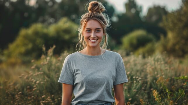 Cheerful young woman in grey top standing in a meadow at golden hour.