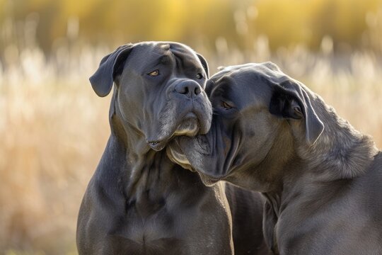 A pair of Cane Corso dogs nuzzling affectionately against each other, showcasing the bond of companionship and loyalty between canine friends,