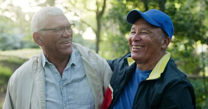 Smile, laughing and senior man friends hiking in park, forest or woods together for leisure and bonding. Face, happy or funny with elderly person and best friend outdoor in nature for adventure