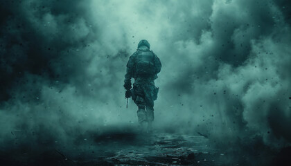 Fototapeta premium military soldier walking holding M4. Green steam on M4 gun.generative ai