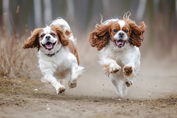 A pair of Cavalier King Charles Spaniels engaged in a friendly game of fetch, their boundless energy bringing smiles to the faces of all who watch, - obrazy, fototapety, plakaty
