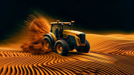 A red tractor is driving through a field of orange waves. The image has a dreamy, surreal quality to it, as if the tractor is floating on top of the waves