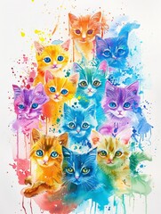 Numerous cats with various painted hues gathered in one place, showcasing a vibrant and colorful sight