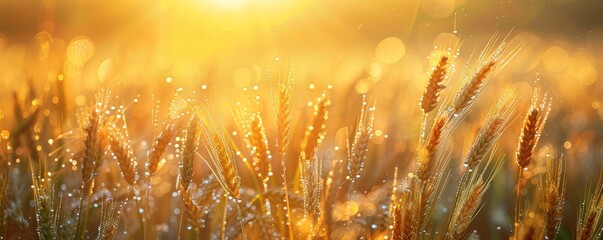 At sunrise, dew-covered wheat fields shimmer in golden light, casting long shadows over a tranquil, serene landscape. - obrazy, fototapety, plakaty