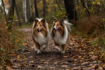 A pair of Shetland Sheepdogs enjoying a leisurely walk along a forest trail, their synchronized movements and close bond reflecting years of companionship,