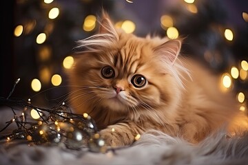 cat and christmas tree gold background bokeh 