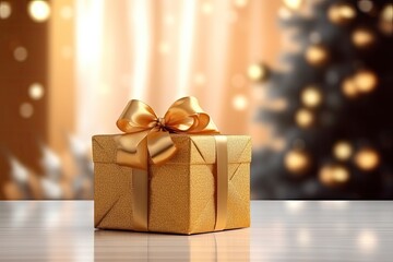 Golden gift box with ribbon christmas new year background