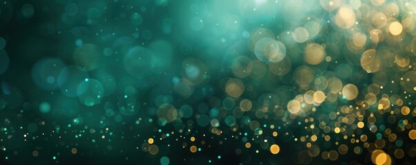 Abstract bokeh background. Gold and green bokeh on defocused emerald green background - obrazy, fototapety, plakaty