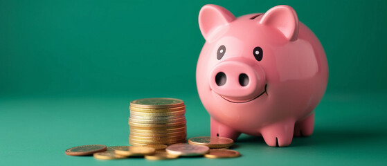 smiling pink pig piggy bank and stacks of gold coins isolated on a green background investing success savings concept
