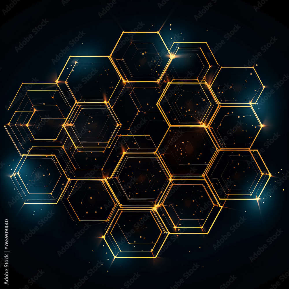 Poster a close up of a hexagonal pattern with gold and blue colors. the pattern is made up of small squares