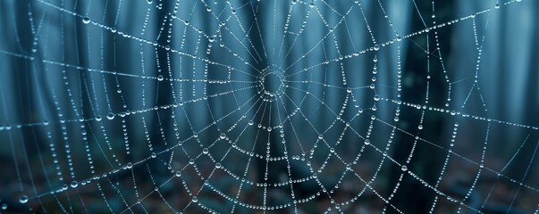 In the tranquil misty forest, spider webs glisten with droplets, embracing natural beauty and serenity at dawn.