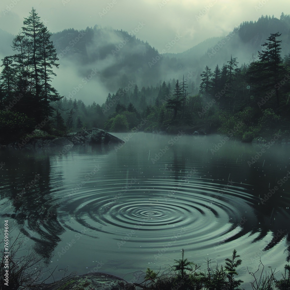 Aufkleber raindrops form serene patterns on a calm lake, creating abstract natural art in soft morning haze wi