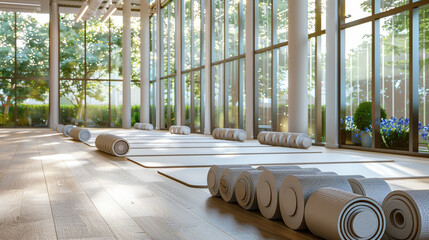 Tranquil Yoga Studio with Rolled Mats and Abundant Natural Light - obrazy, fototapety, plakaty