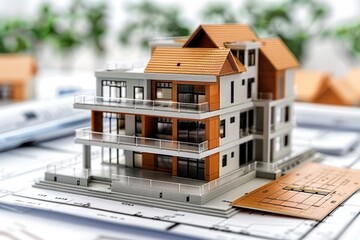Model Home on Construction Plans with Blueprints in Background