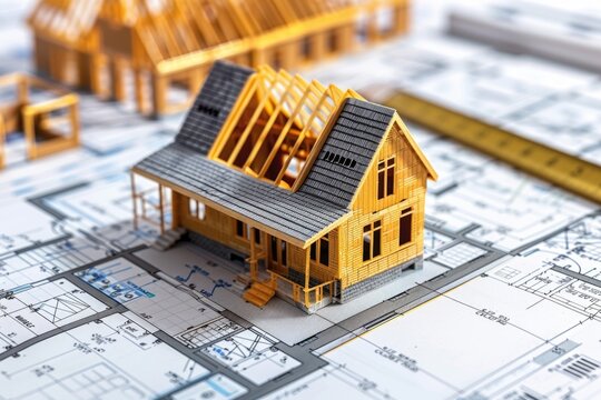 Model Home on Construction Plans with Blueprints in Background