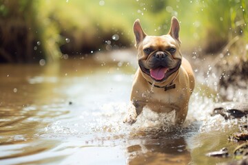 A playful French Bulldog splashing in a shallow stream, its tongue lolling out in pure joy, Copy Space
