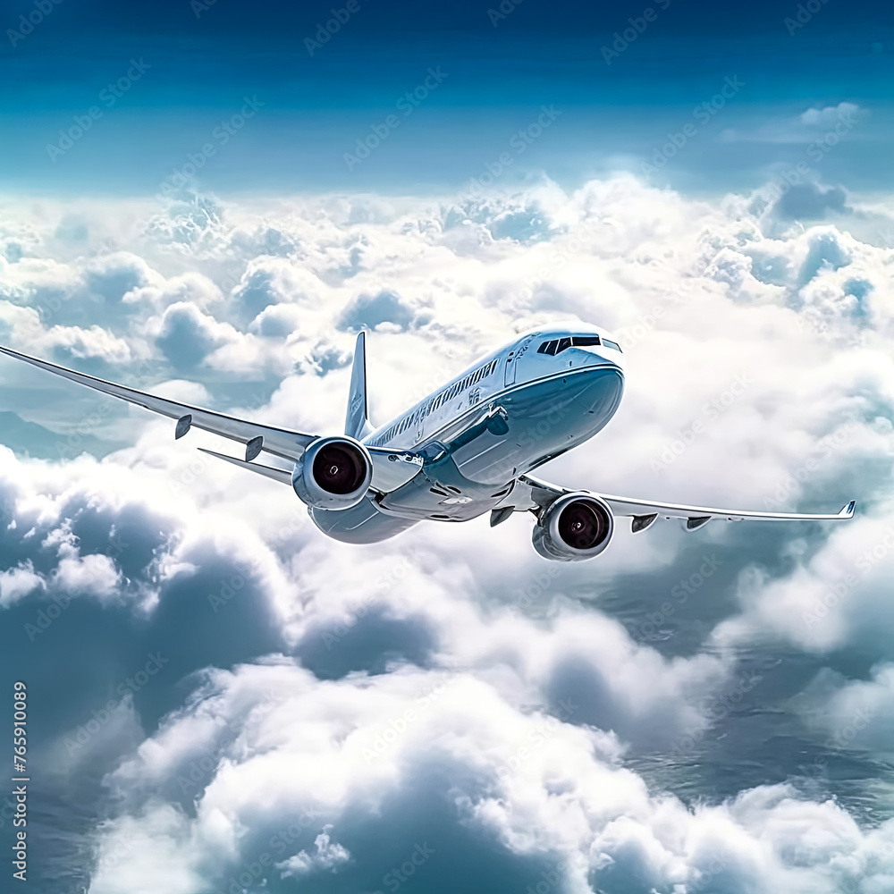 Poster a white airplane is flying through a cloudy sky. the clouds are white and fluffy, and the airplane i