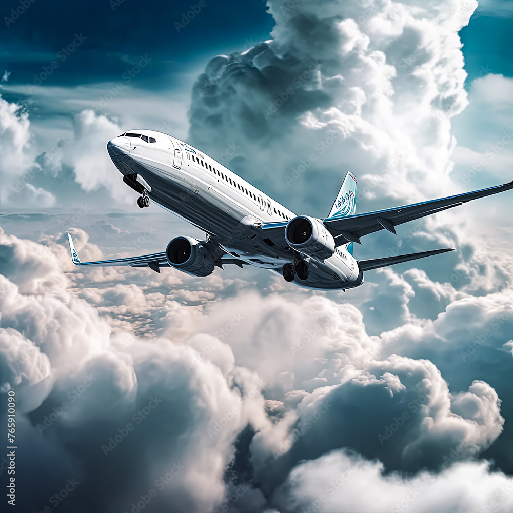 Poster a white airplane is flying through a cloudy sky. the clouds are white and fluffy, and the airplane i