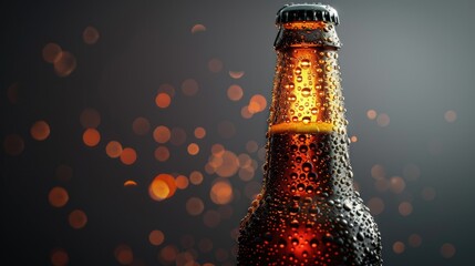 Cold Dark Beer Bottle Close-Up with Bokeh Background - obrazy, fototapety, plakaty